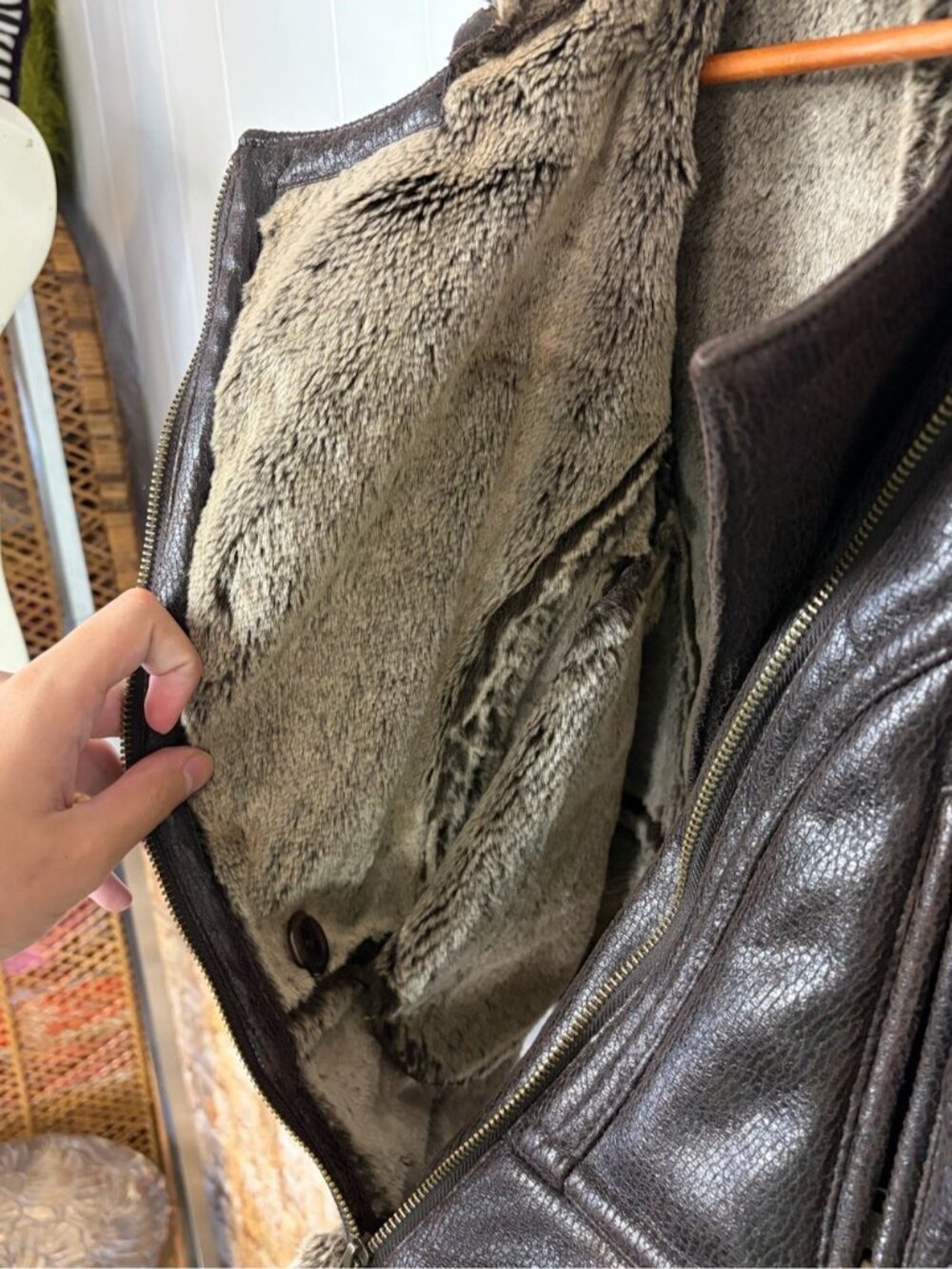 Vintage 90s Y2K Faux Leather Fur Lined Aviator Jacket Coat Brown size medium - Picture 7 of 13